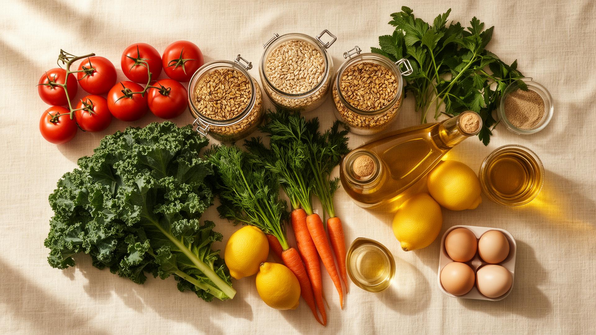 A beautiful overhead spread of fresh pantry ingredients on cream linen